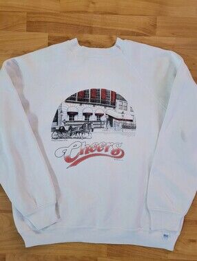 Vintage 80s Discus Athletic CHEERS Sitcom White Crewneck Sweatshirt, Large
